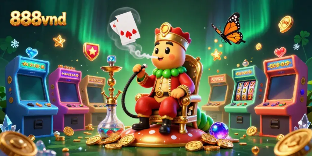 Experience 888vnd's thrilling casino action with an enormous caterpillar character amidst vivid game elements.