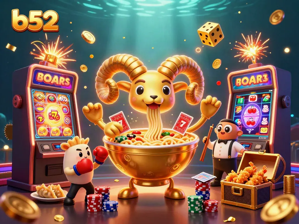Engage with the vibrant world of b52 casino games featuring giant ramen bowl characters, lively slot machines, and exciting gameplay.