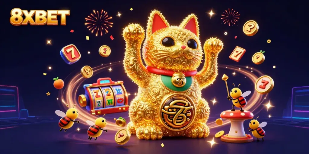 Experience winning fun at 8XBET Casino with a vibrant digital scene of a giant lucky cat made of fireflies.