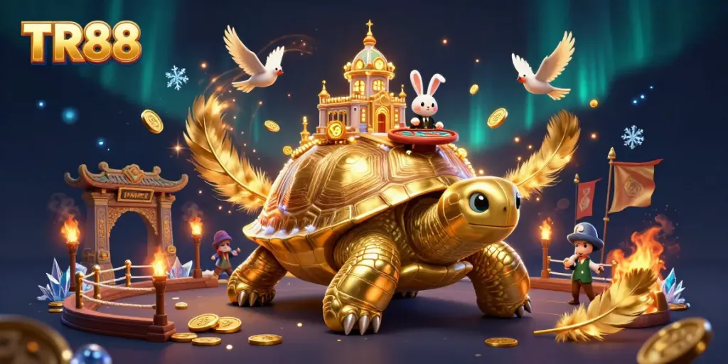 Engage with TR88's exhilarating casino experience featuring a golden tortoise and rabbit dealer.