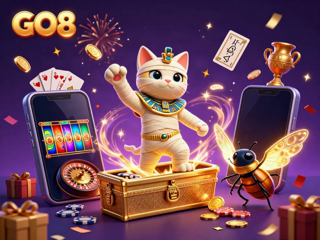 Experience the thrill of GO8 Casino with a vibrant 3D illustration of games, coins, and mystical elements.