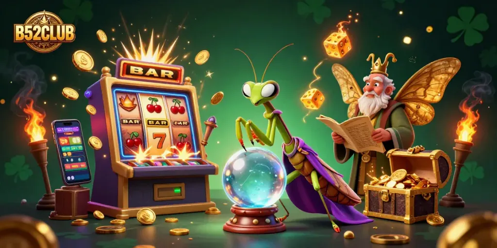 Play with excitement at B52CLUB while winning jackpots in 3D caricatured casino scene.