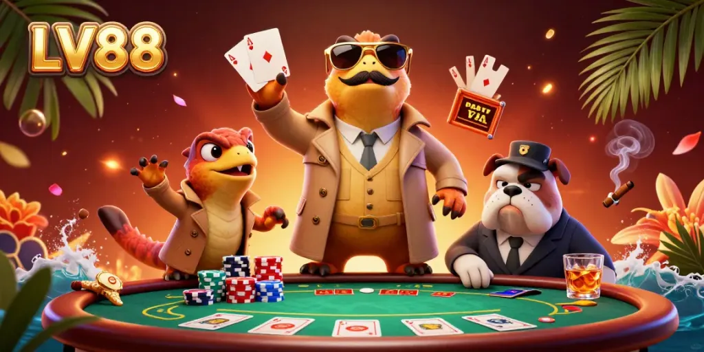 Raptors disguised as a tall person entering LV88 casino, surrounded by poker chips and cards.