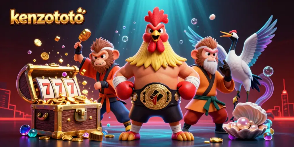 Experience the excitement of kenzototo with a vibrant 3D scene showcasing a Muay Thai rooster, a monkey martial artist, and a wise crane surrounded by gaming elements.
