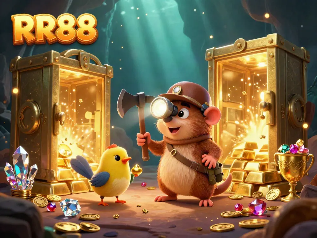 Experience the excitement of RR88 with a treasure hunter mole and sparkling gems in a vibrant online casino scene.