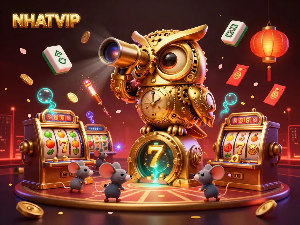 NhatVIP casino-themed illustration featuring a golden owl and slot machines with vibrant symbols
