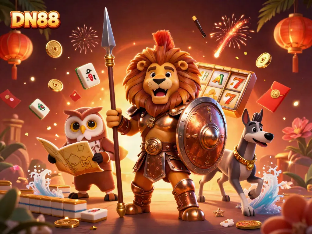 Experience thrilling gameplay in DN88 with a vibrant scene of slot reels, golden coins, and dynamic characters.