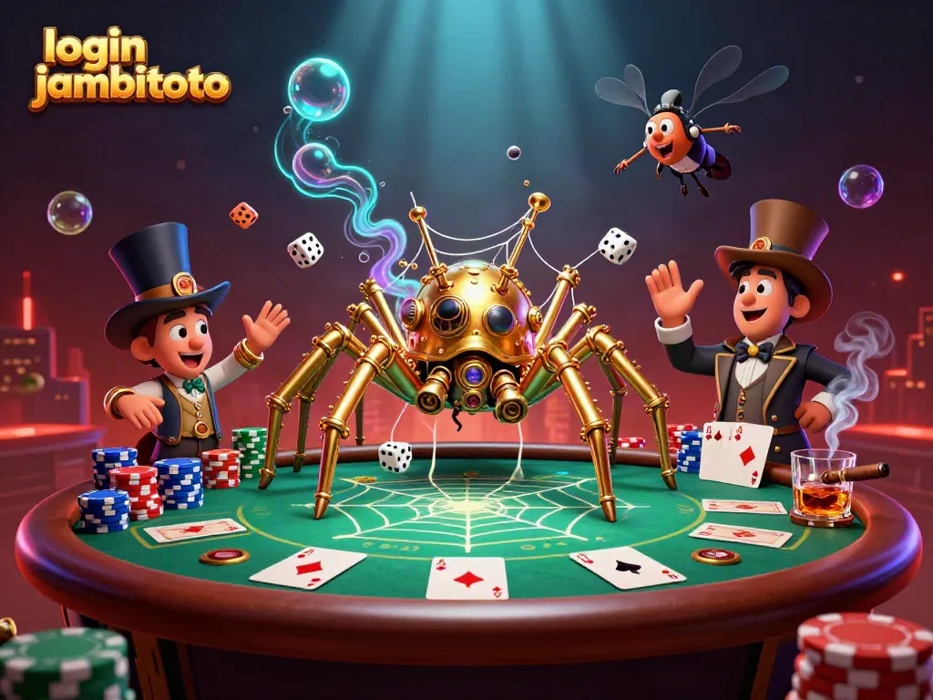 Catch bad luck with a steampunk spider web in this login jambitoto scene packed with casino elements.