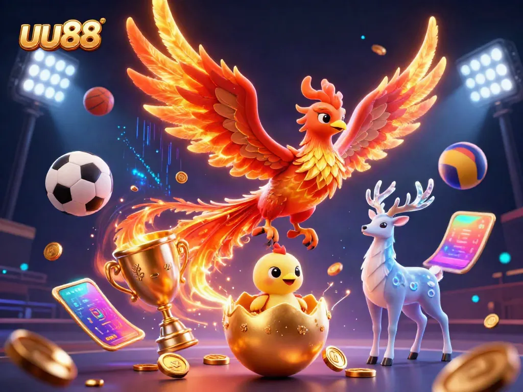 Experience the thrill at uu88 with a vibrant 3D casino illustration of a phoenix rising among sports and gaming glory.