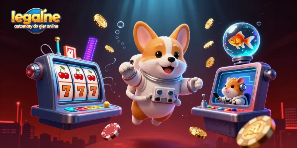 Experience legalne automaty do gier online in a vibrant, captivating casino scene with floating coins and characters.
