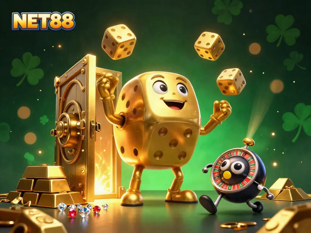 Experience luck and fortune with NET88 in this vibrant casino-themed illustration.