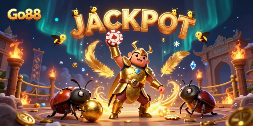 Go88 unleashes excitement with a victorious gladiator beetle and dynamic casino elements for players.