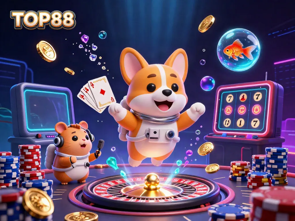 TOP88 casino scene featuring a floating corgi, poker chips, and shimmering coins drifting in space