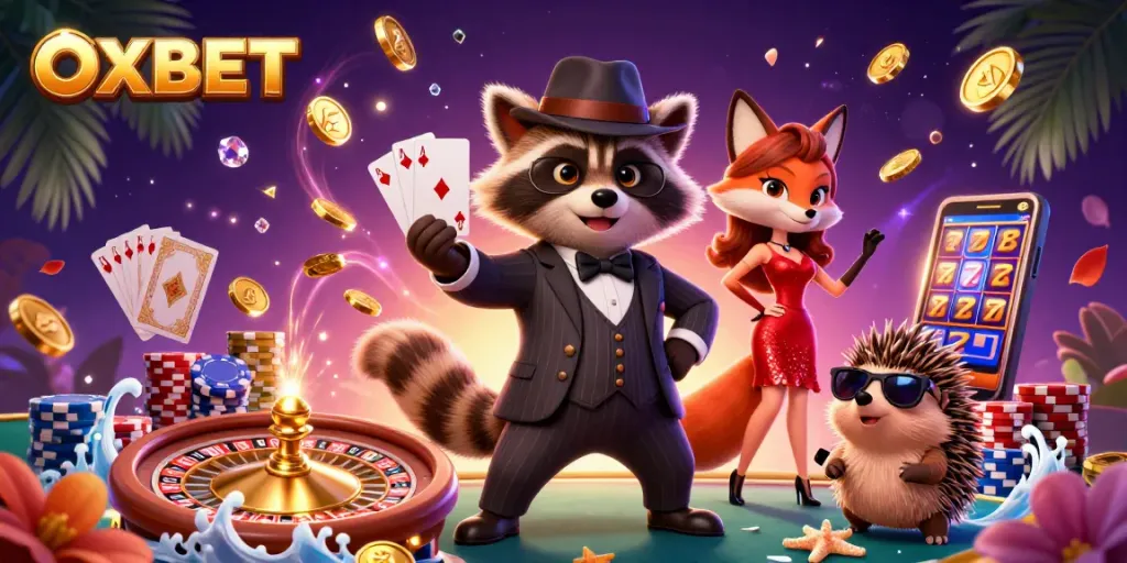 Experience the thrill of OXBET with raccoon, fox, and hedgehog in a casino illustration.