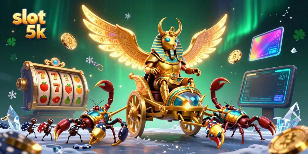 Spin the exhilarating slot 5k, featuring vibrant characters and glowing cryptocurrency coins.