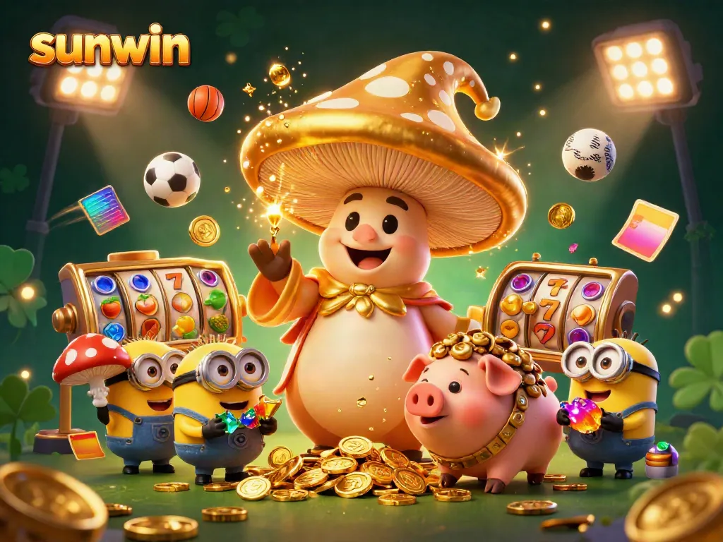 Play slots and win with sunwin in this dynamic scene featuring magical elements and golden treasures.