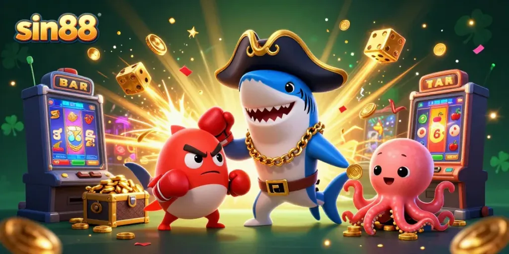 Experience sin88's thrilling gaming with an animated pirate shark, pufferfish, and octopus in an exciting casino scene.