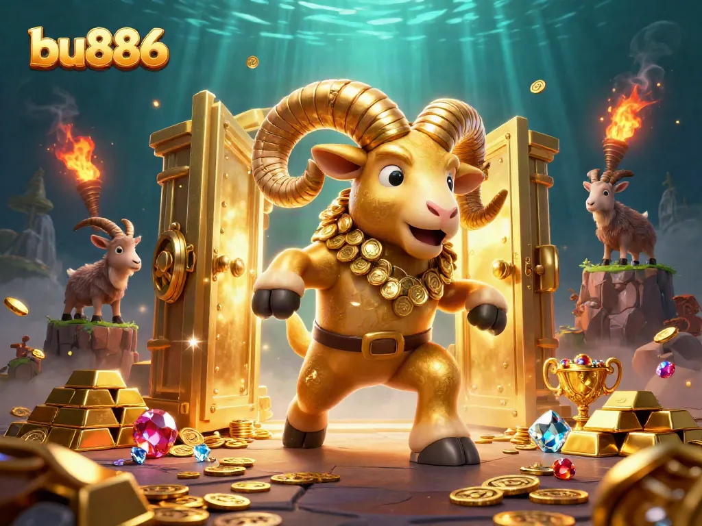 Experience rich gambling adventures with bu886, featuring a golden ram charging through a treasure-filled scene.