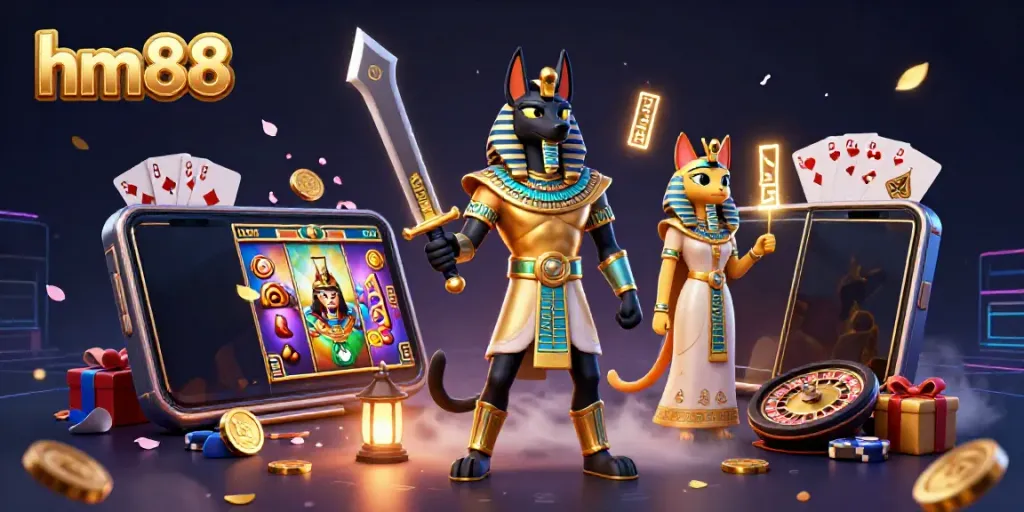 Experience endless gaming at hm88 with a captivating 3D Anubis and Bastet amid casino elements.