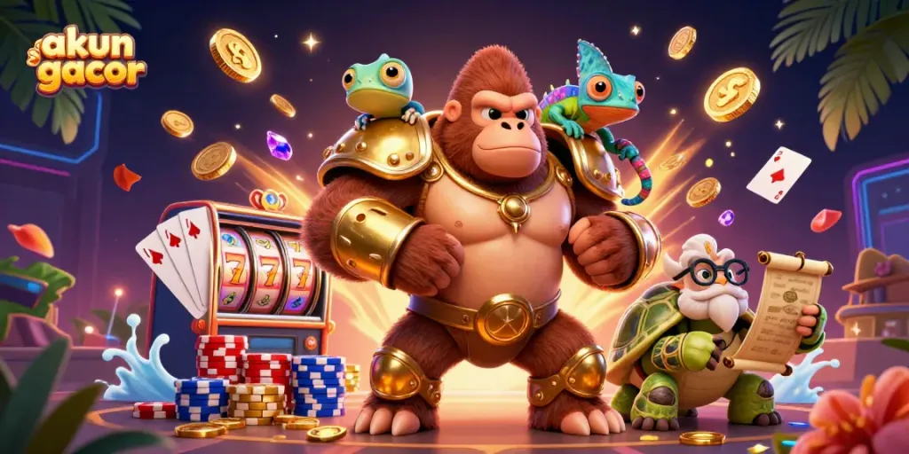 Akun slot gacor dikelilingi oleh karakter kartun 3D yang cerah, koin emas, dan kartu bermain yang menampilkan kemenangan.