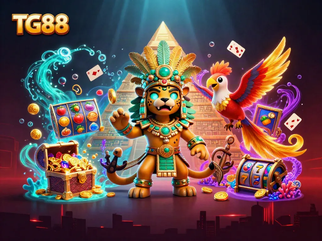 Engage with TG88 in a vibrant 3D casino world filled with colorful game elements and characters.