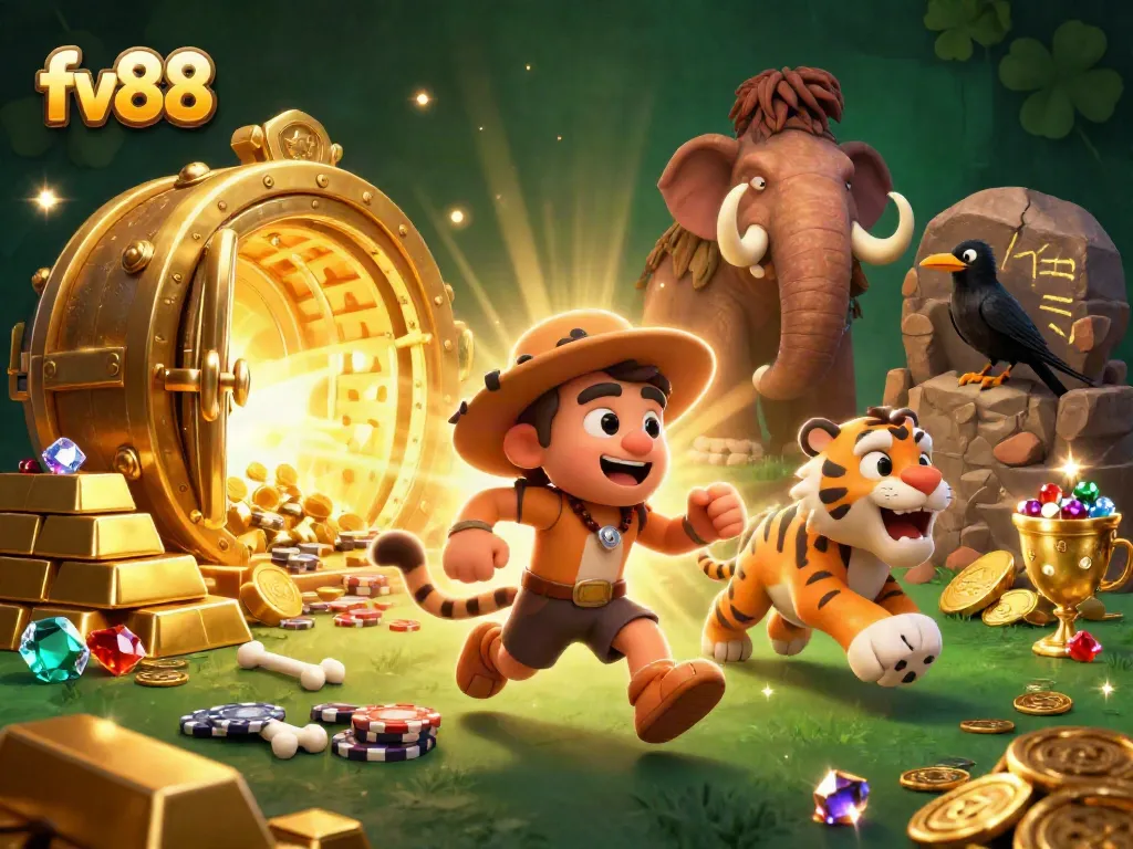 Engage with exciting games at fv88, featuring a dynamic prehistoric casino scene.