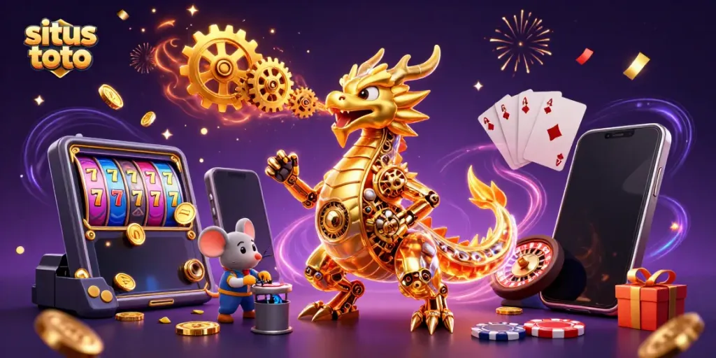 Slot dan togel di situs toto dengan naga emas dan elemen permainan yang seru.