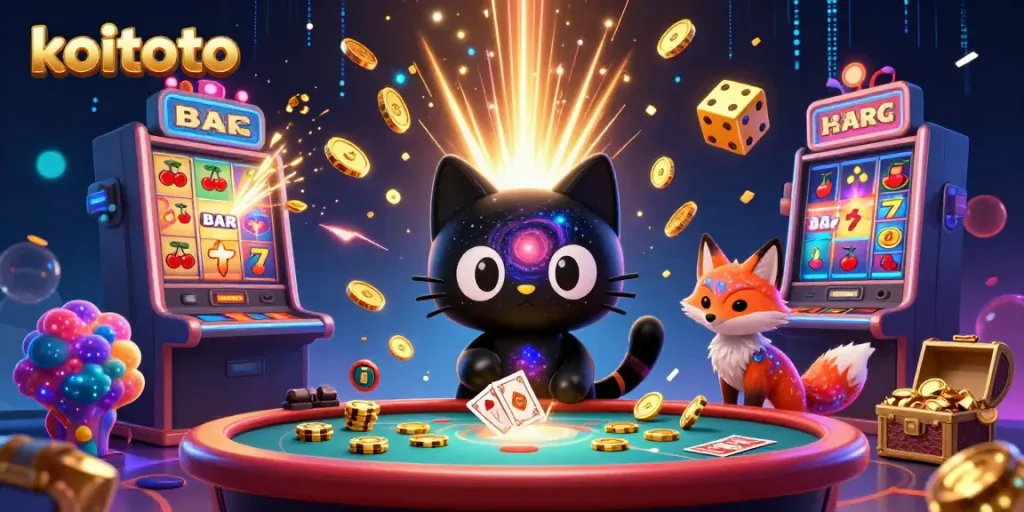 Koitoto menarik chip emas dan kartu dengan kucing hitam berputar di dalam kasino yang penuh warna