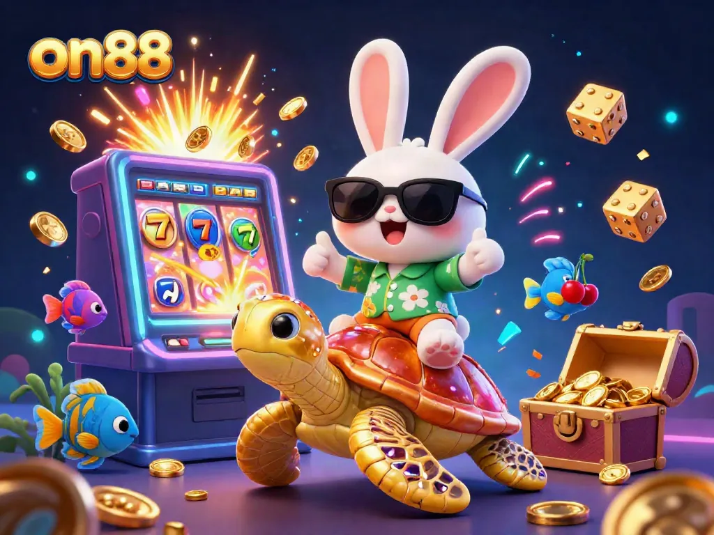 Experience thrilling wins at on88 with a playful rabbit and golden turtle in a magical casino scene.