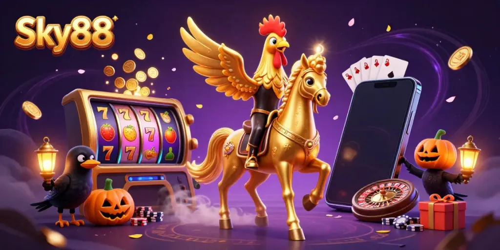 Sky88's golden rooster character showcases thrilling slot game action with vibrant casino elements.