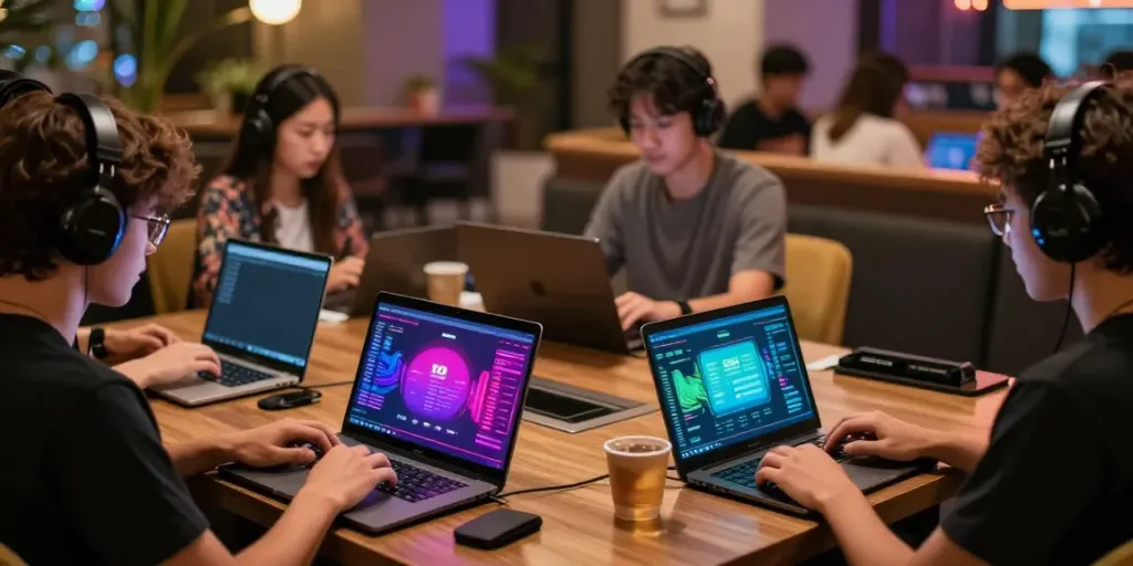 Players engaging with seributoto online gaming platforms in a vibrant lounge.