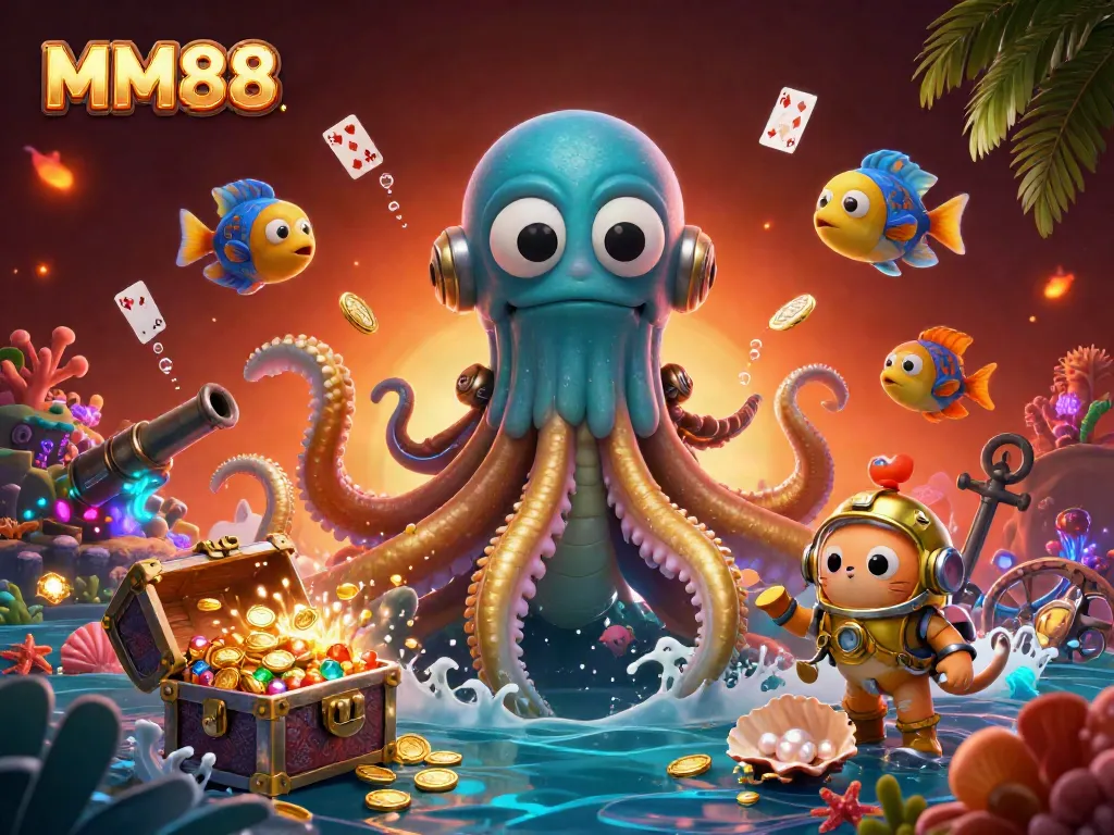 Experience MM88's lively underwater casino adventure with a lively kraken and diving cat among treasures.