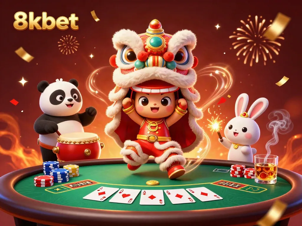 Engage with 8kbet in a festive gambling scene featuring a lion dance and poker action.