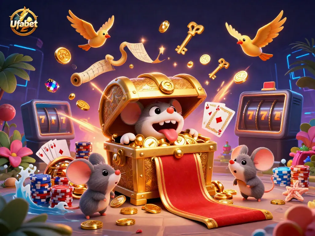 Win big at Ufabet with a vibrant, packed 3D casino scene featuring treasures and gaming excitement.