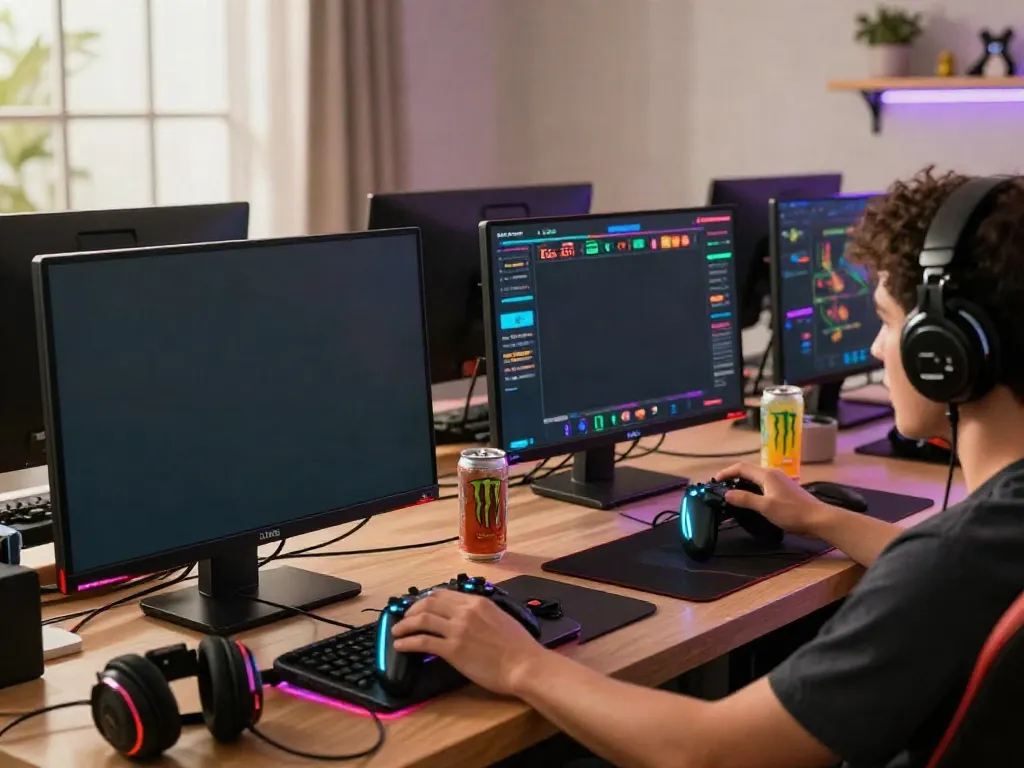 Engaged gamer using DA88 platform with vibrant accessories in a cozy setting.