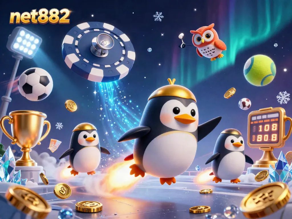 Win big at net882 with this dynamic scene featuring a golden penguin heading into a casino!