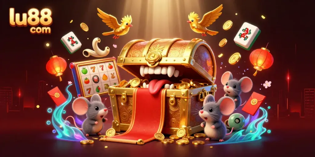 Engage with lu88 com's vibrant casino experience featuring thrilling slot reels and golden treasure chests.