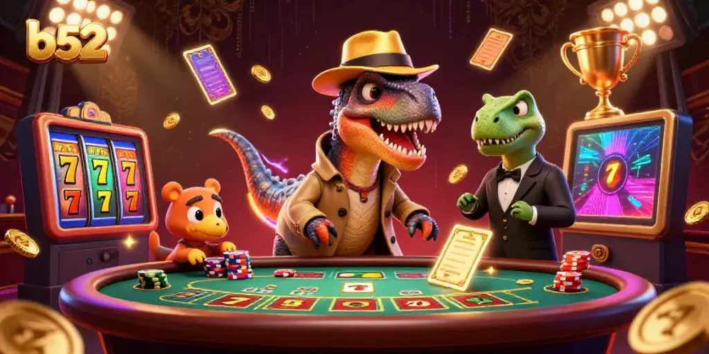 Experience thrilling wins at the b52 online casino with a dynamic blackjack showdown featuring playful dinosaur characters.