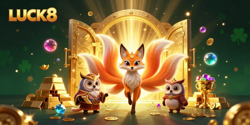 LUCK8 celebrates online gambling with vibrant magic and treasures in this captivating 3D art.