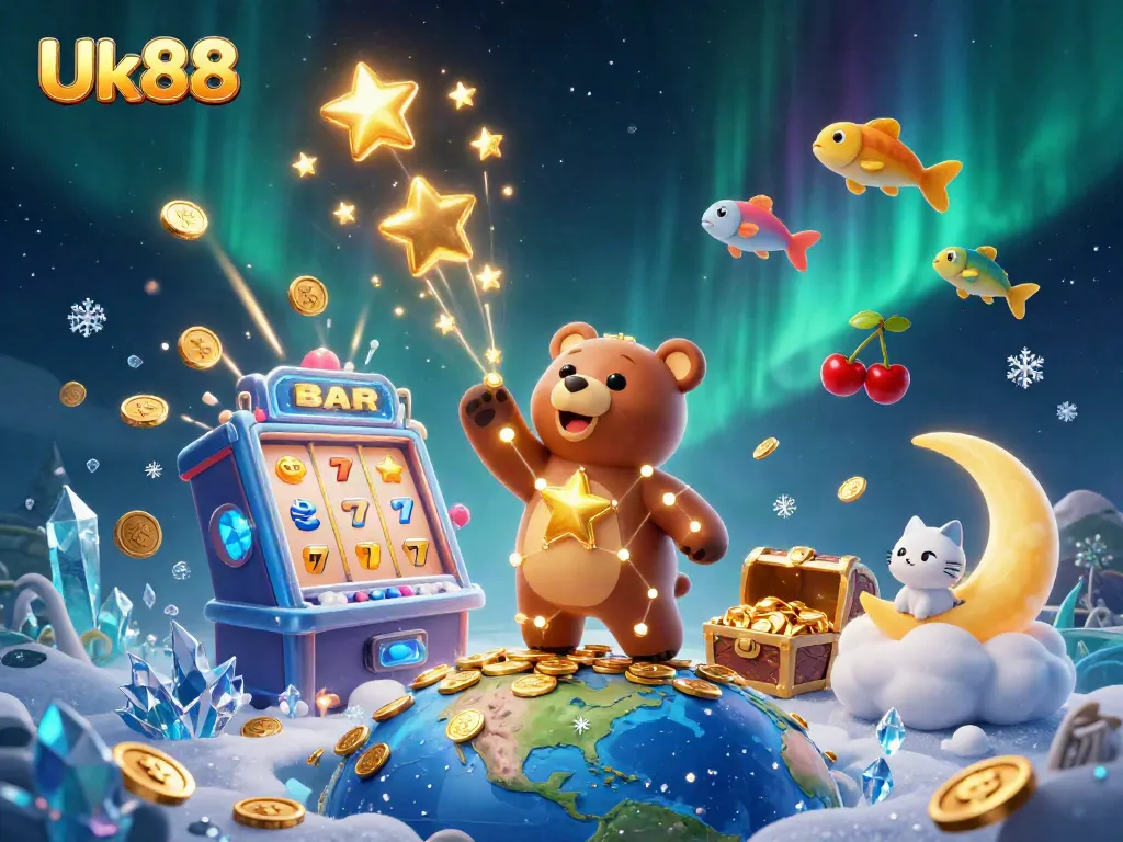 Engage in thrilling gameplay at Uk88 with a dynamic casino-themed 3D illustration featuring winning elements and excitement.