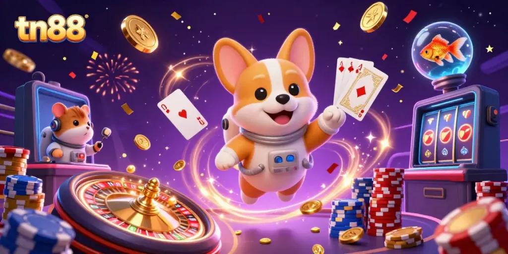 Experience tn88's thrilling space casino adventure with floating characters and dynamic game elements.