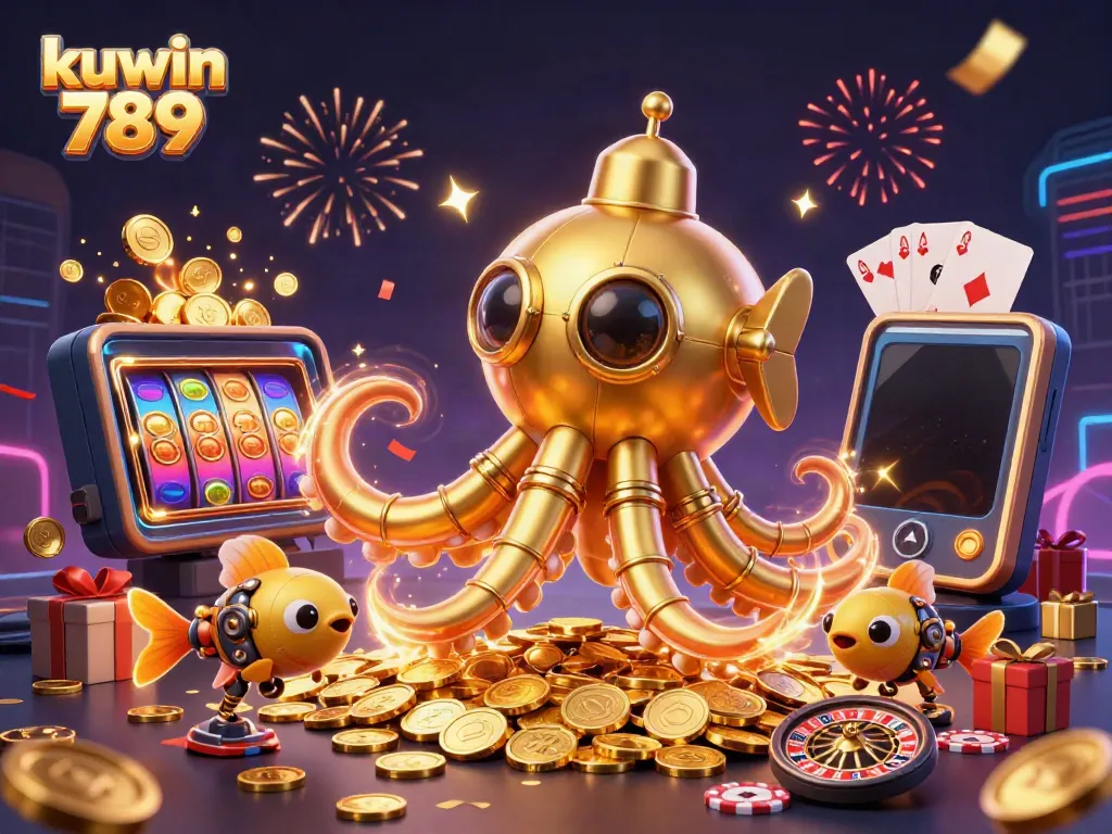 Experience thrilling wins with kuwin 789 as the golden kraken submarine emerges from golden coins during high-stakes gameplay.