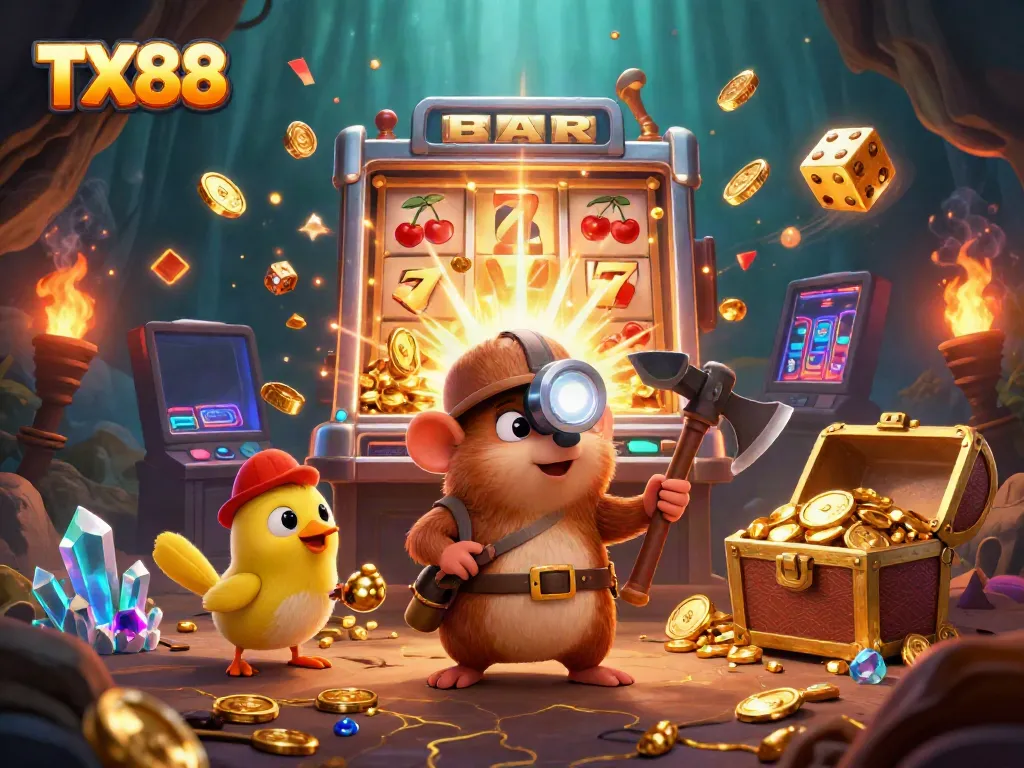 Experience the excitement at TX88 with a treasure hunting mole amidst a vibrant casino scene.