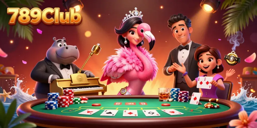Engage in thrilling play at 789Club with vibrant casino elements and characters.