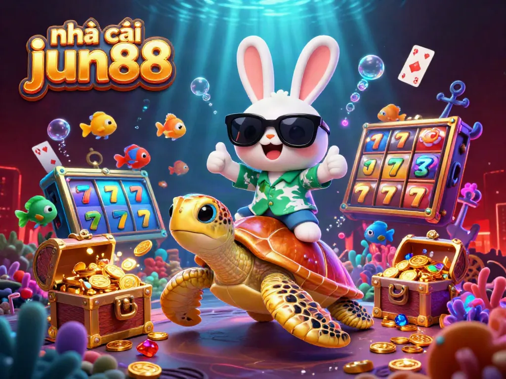 Experience the vibrant and thrilling world of nhà cái jun88 with a lucky rabbit and a sea turtle in an underwater casino.