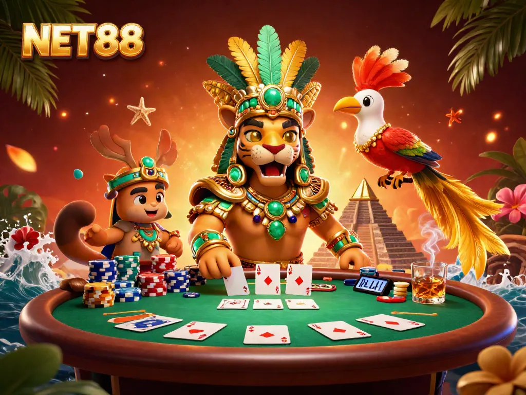 Experience thrilling action with NET88 as a Mayan priest and quetzal bird dominate a poker scene.