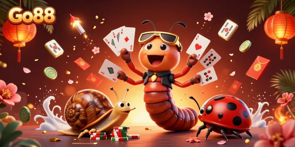 Engage in thrilling gameplay at Go88 featuring energetic characters and vibrant casino elements.
