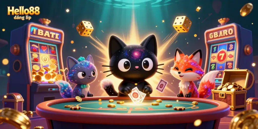 Experience Hello88 đăng nhập with excitement at a cosmic casino table featuring vibrant characters and casino elements.