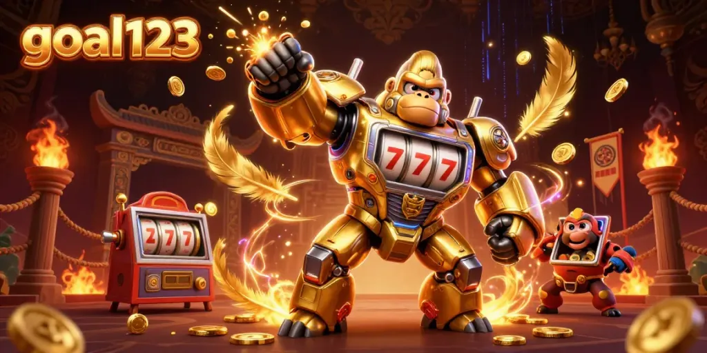 Experience goal123 with a dynamic golden gorilla mech and energetic casino elements in a 3D illustration