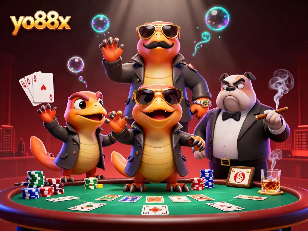 Engage with thrilling plays at yo88x, showcasing raptors in disguise entering a VIP casino scene.